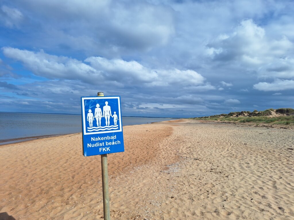 Uitzicht over het rustige naaktstrand van Mellbystrand met zee, duinen en blauwe lucht