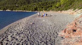 Naaktstrand Milia Beach op het eiland Skopelos is een zandstrand in een groene omgeving